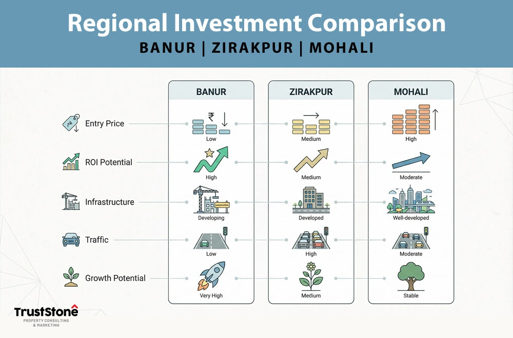 Banur vs Mohali vs Zirakpur – Investment Comparison